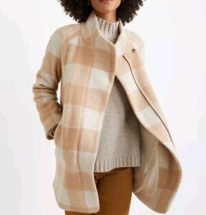 MARINE LAYER tephanie Cocoon Coat M Tan Buffalo Check Plaid Wool Blend